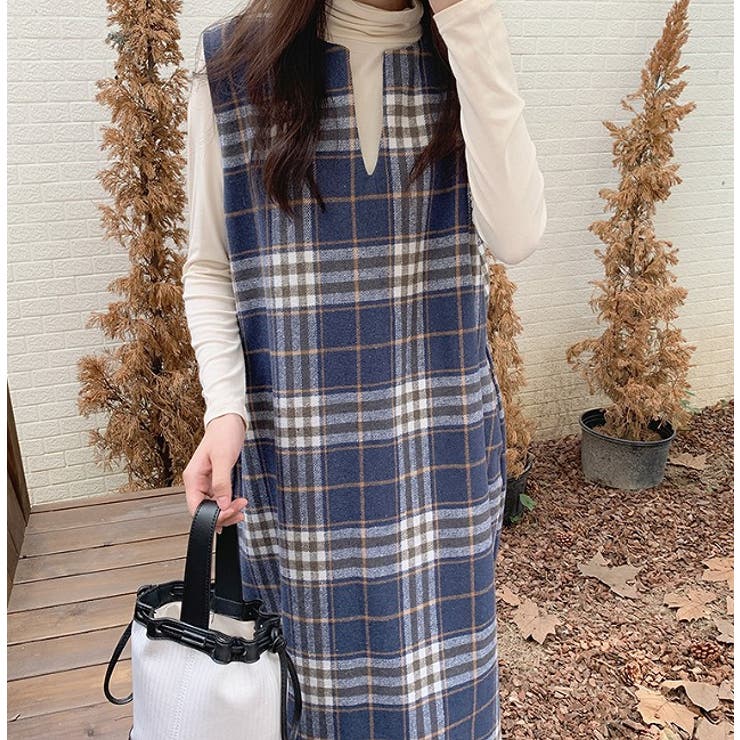 ブルー | Vネックウールチェックロングノースリワンピース【韓国ファッション】 | Girly Doll