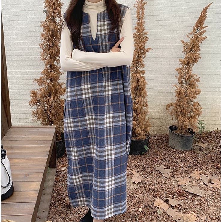 Vネックウールチェックロングノースリワンピース【韓国ファッション】 | Girly Doll | 詳細画像3 