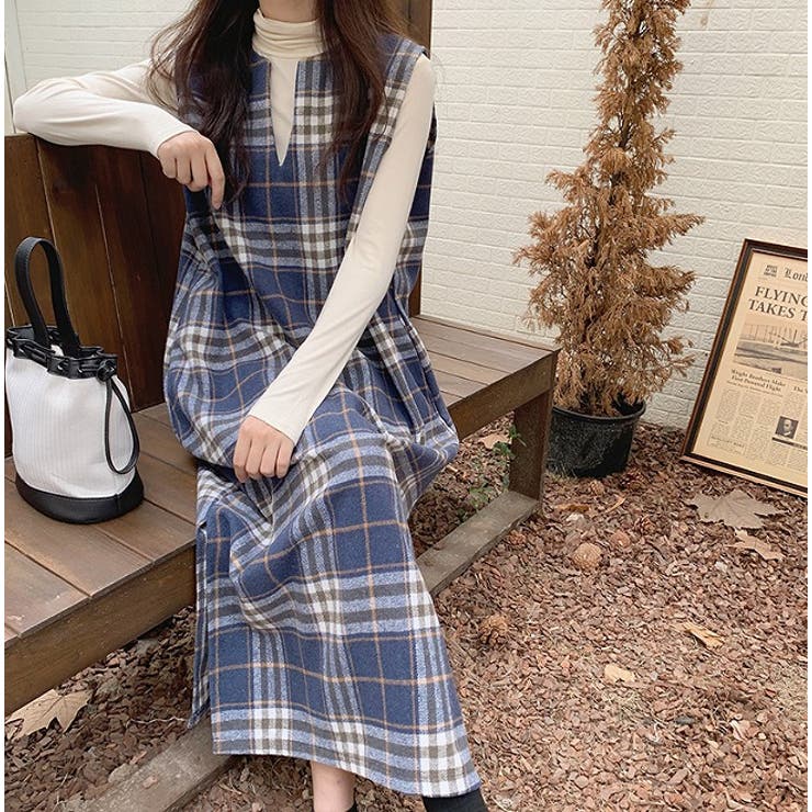 Vネックウールチェックロングノースリワンピース【韓国ファッション】 | Girly Doll | 詳細画像4 