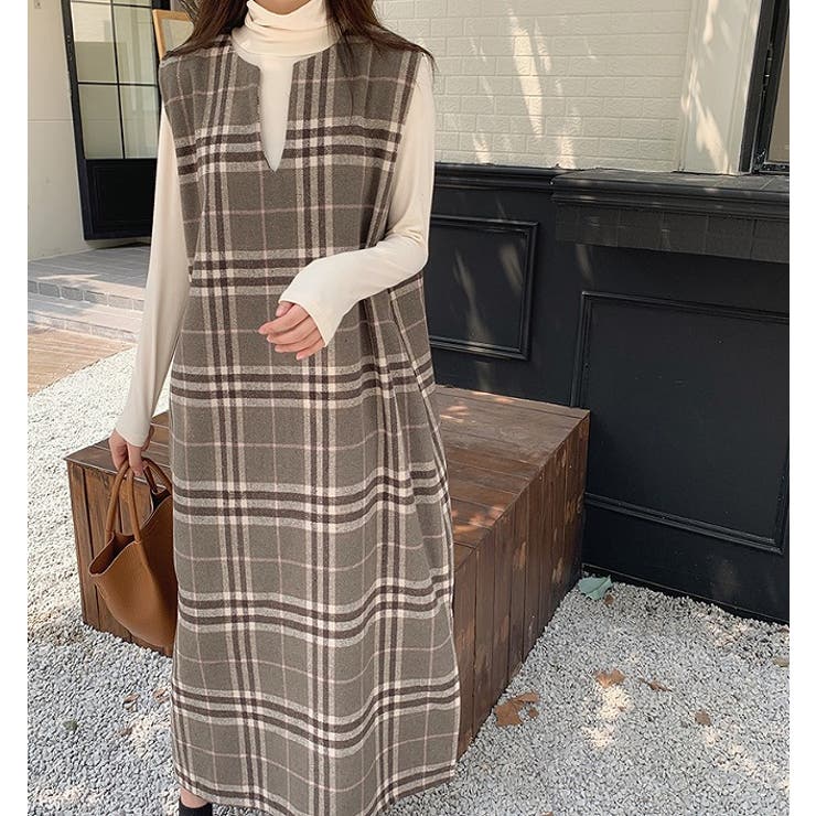Vネックウールチェックロングノースリワンピース【韓国ファッション】 | Girly Doll | 詳細画像6 