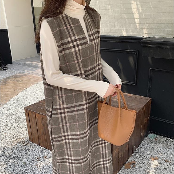 Vネックウールチェックロングノースリワンピース【韓国ファッション】 | Girly Doll | 詳細画像7 