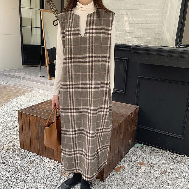 Vネックウールチェックロングノースリワンピース【韓国ファッション】 | Girly Doll | 詳細画像8 
