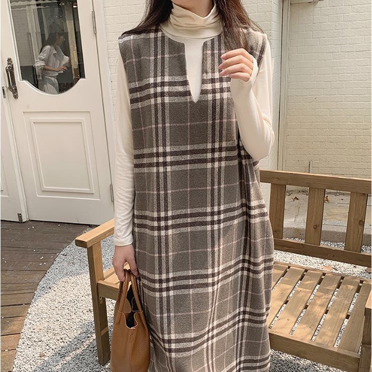 Vネックウールチェックロングノースリワンピース【韓国ファッション】 | Girly Doll | 詳細画像9 