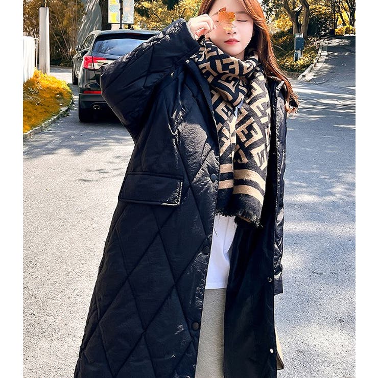 フード付きキルティングロングコート【韓国ファッション】[品番