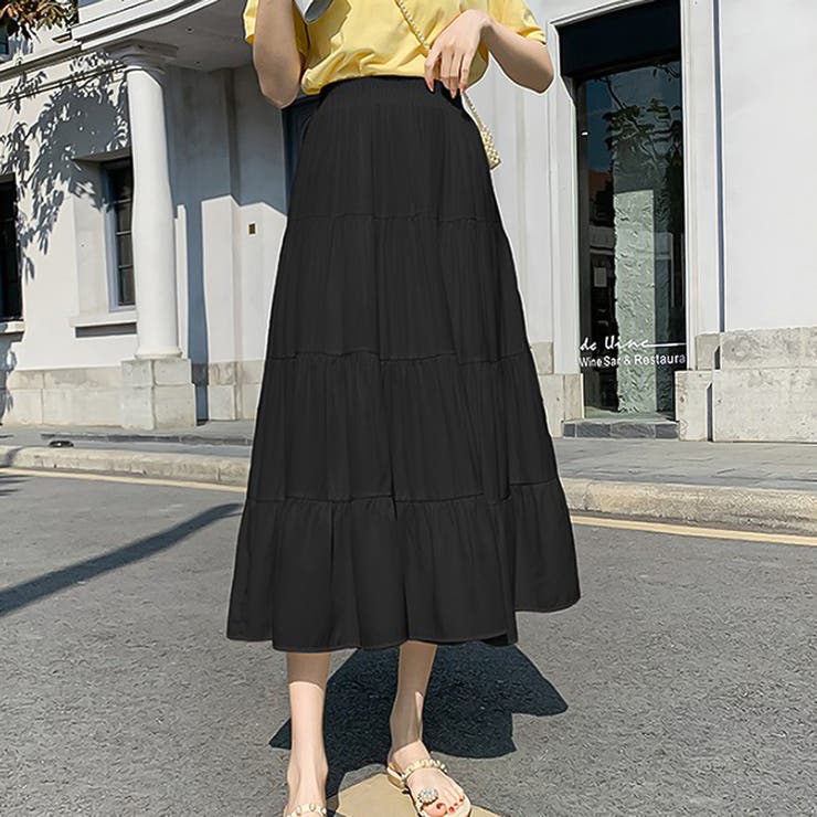 ティアードギャザーフレアスカート【韓国ファッション】[品番