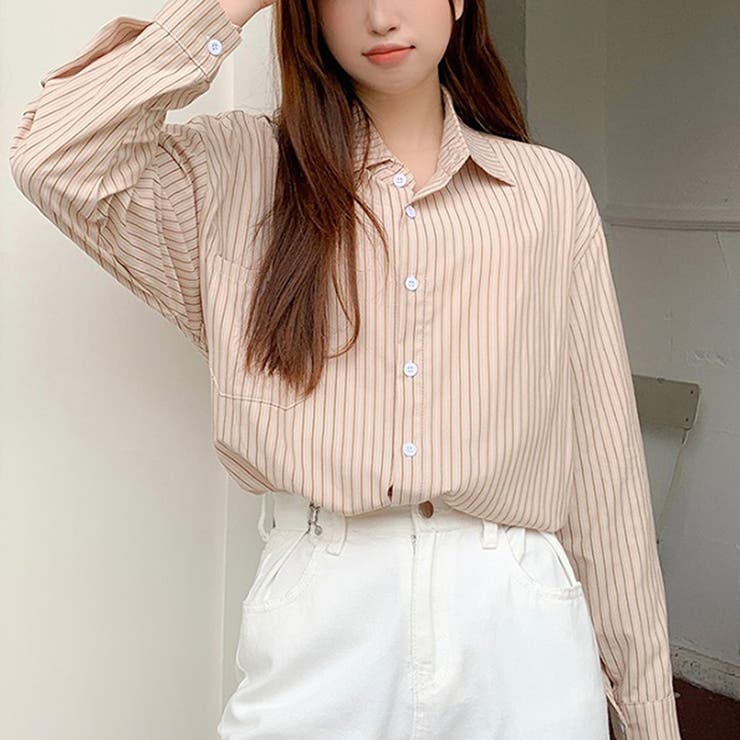 H BEAUTY&YOUTH ストライプシャツ L オリーブ カーキ ホワイト