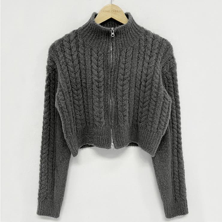 ダークグレー | ダブルジップケーブル編みニットカーディガン【韓国ファッション】 | Girly Doll