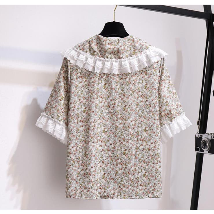 セットアップ フラワープリントブラウス デニムスカート2点セット[品番