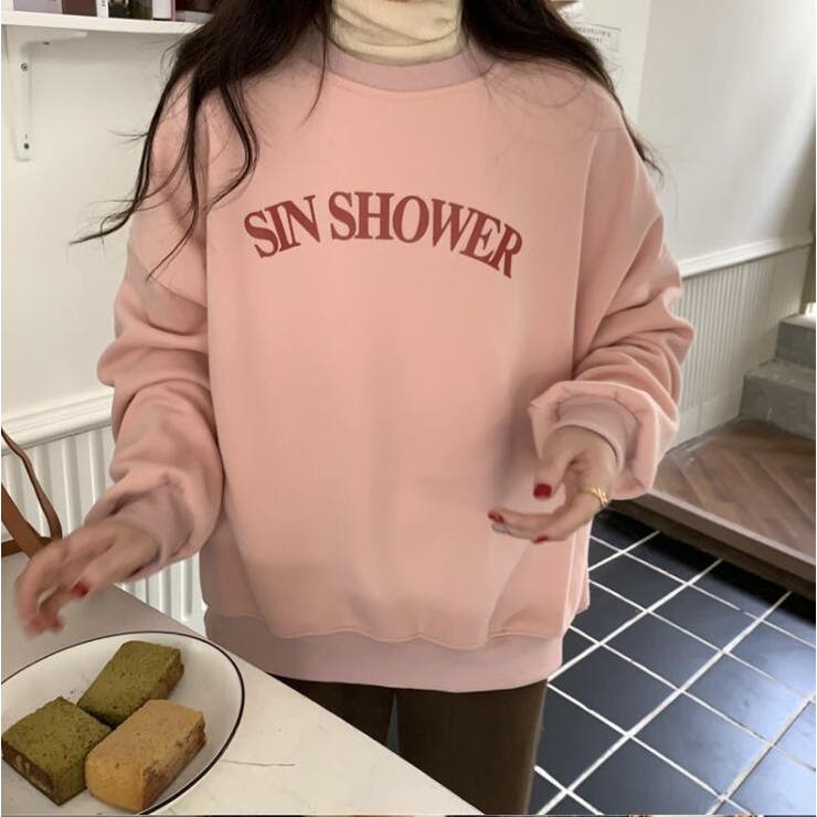 ★韓国の人気★【Golden 】★女性スウェットシャツ★PINK★ スウェットシャツ（パウダーピンク） バックに逆さまのロゴ