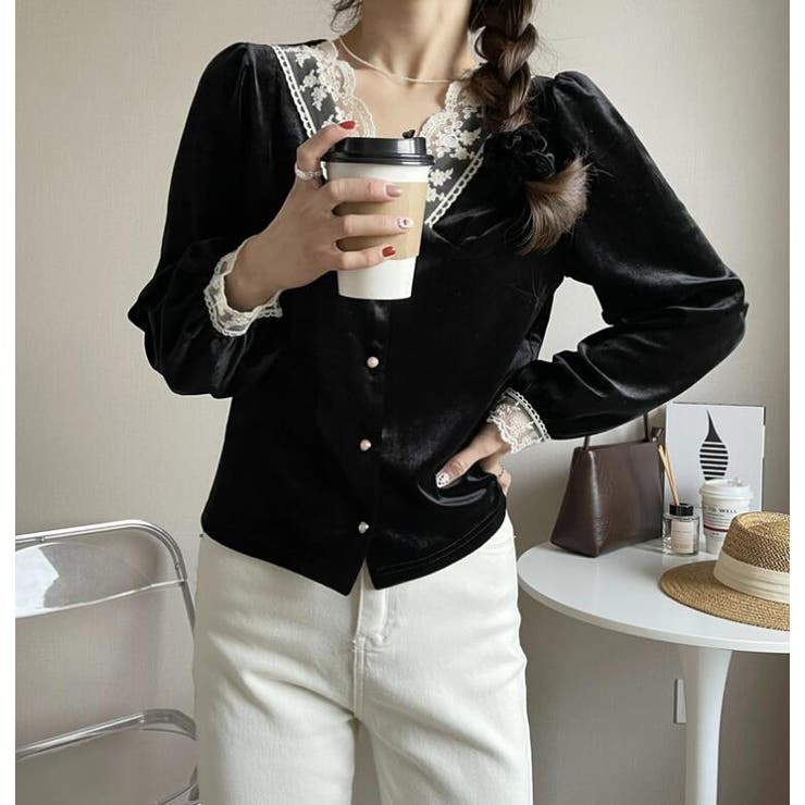 レース襟付きベロアブラウス【韓国ファッション】[品番：ZJ000016231
