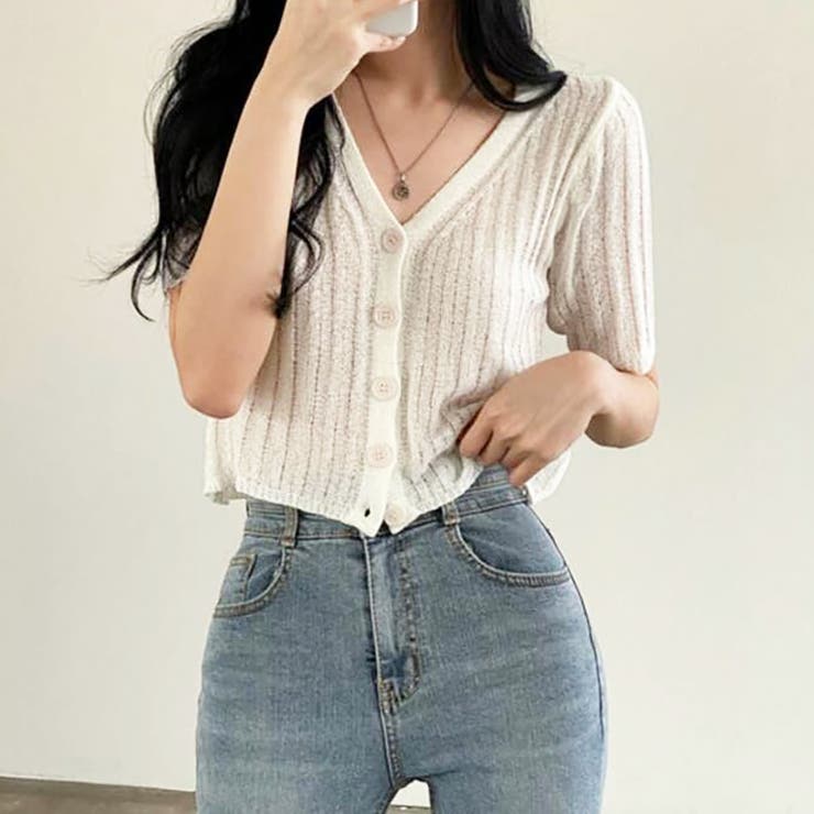 アイボリー | Vネック半袖リブニットカーディガン【韓国ファッション】 | Doula Doula