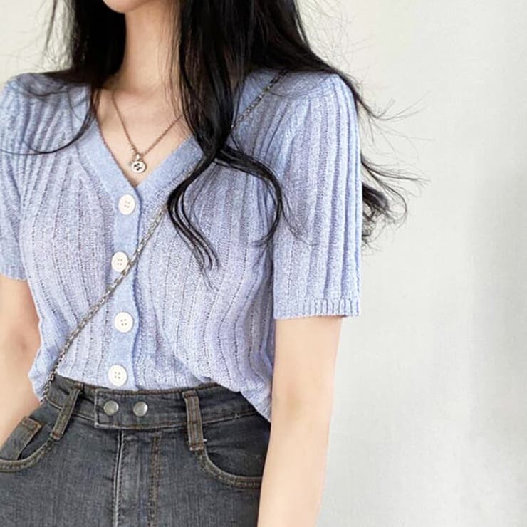 ブルー | Vネック半袖リブニットカーディガン【韓国ファッション】 | Doula Doula