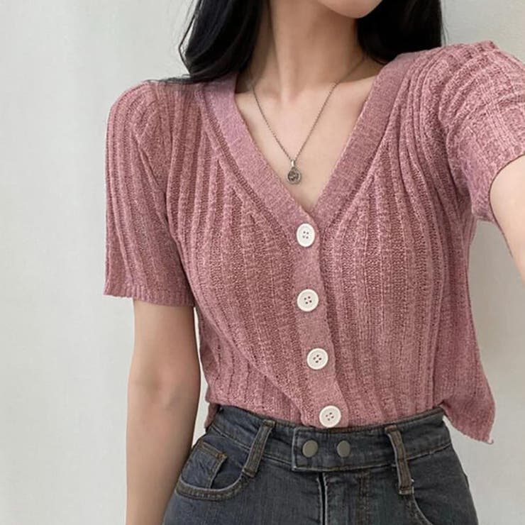 Vネック半袖リブニットカーディガン【韓国ファッション】 | Doula Doula | 詳細画像3