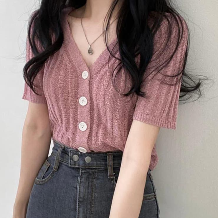 ピンク | Vネック半袖リブニットカーディガン【韓国ファッション】 | Doula Doula