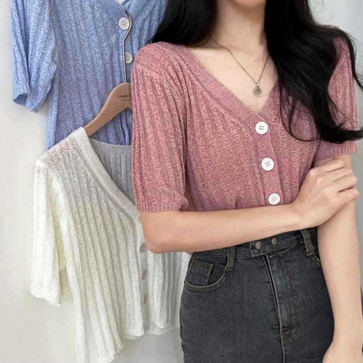 Vネック半袖リブニットカーディガン【韓国ファッション】 | Doula Doula | 詳細画像5