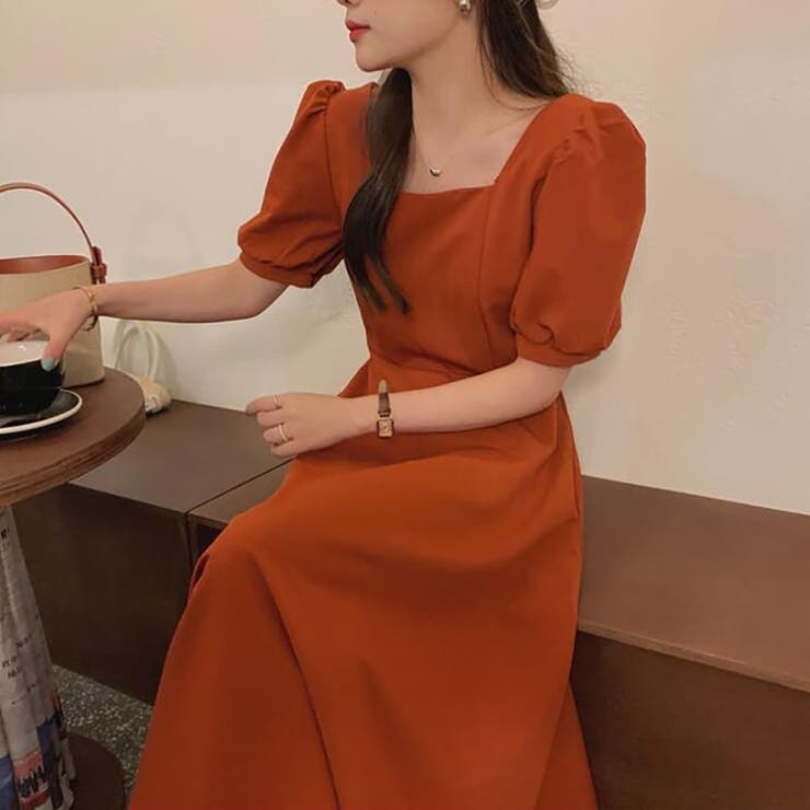 オレンジワンピース　韓国ファッション