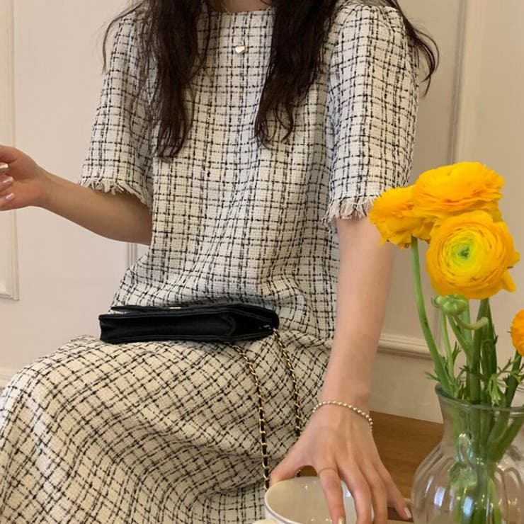 ツイードロングワンピース【韓国ファッション】[品番