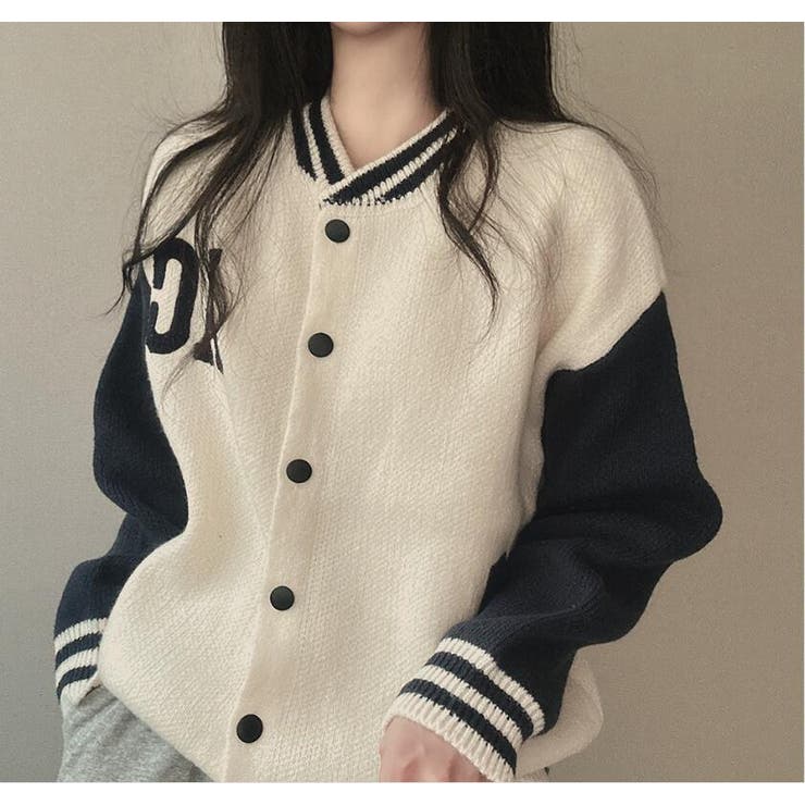 スタジャン風ニットカーディガン【韓国ファッション】[品番