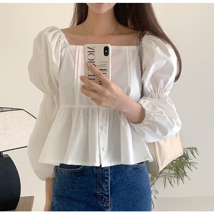 ホワイト | ボリュームスリーブペプラムブラウス【韓国ファッション】 | Doula Doula