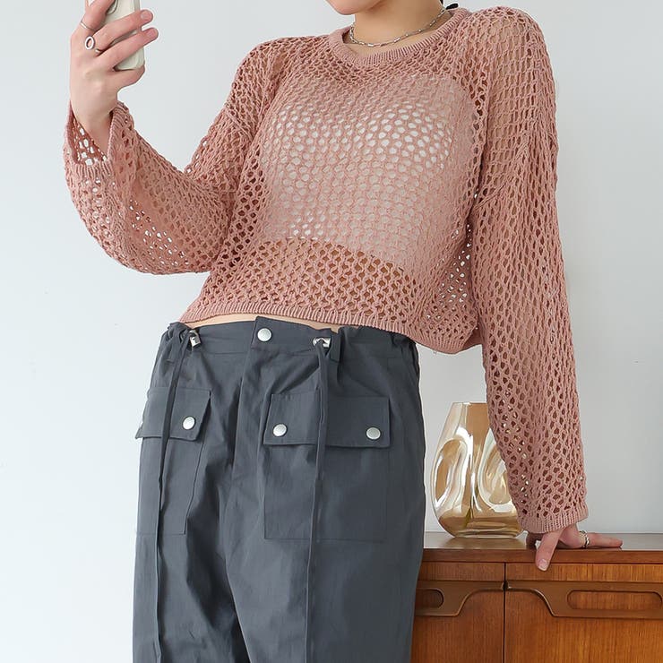 ピンク | ゆるメッシュ透かし編みプルオーバー | Girly Doll