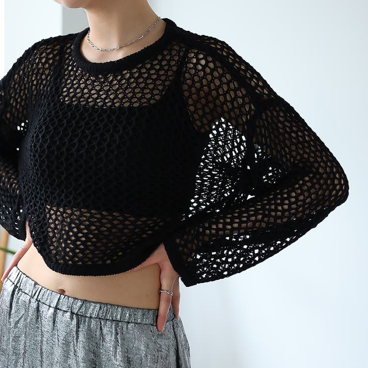 ブラック | ゆるメッシュ透かし編みプルオーバー | Girly Doll