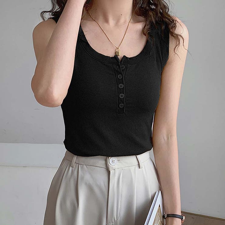 ヘンリーネックタンクトップ【韓国ファッション】[品番：ZJ000017005