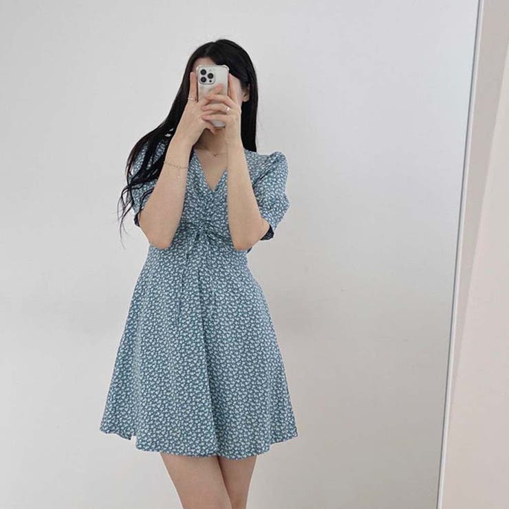 フラワー チュール ミニ丈 シアー パフスリーブ ワンピース 韓国 Flower puff sleeve tiered one-piece – POPPY