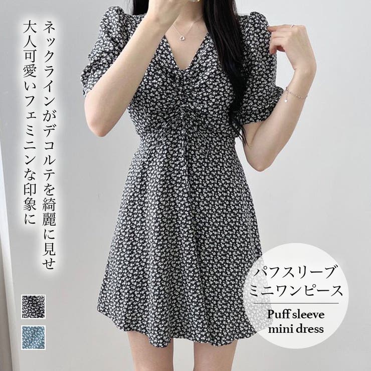 【SisterJane】ミニワンピース 花 パフスリーブ Vネック SisterJane】ミニワンピース 花 パフスリーブ Vネック (Sister