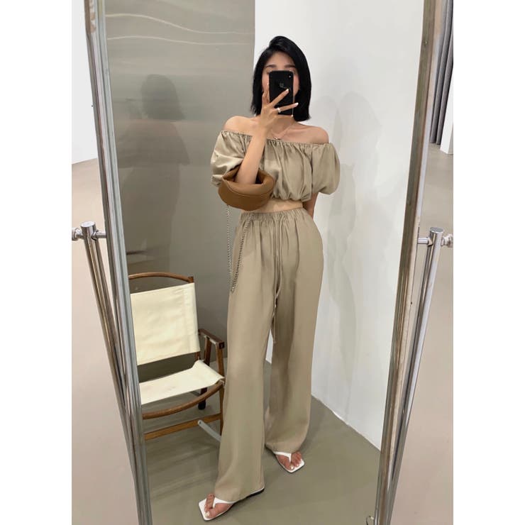 4色 セットアップ オフショル ワイドパンツ ツーピース 韓国系 ツーピースセット オフショルトップス&リラックスパンツ