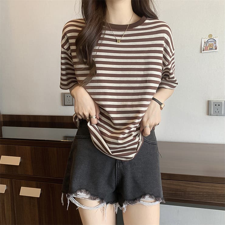 カラーボーダーTシャツ【韓国ファッション】[品番：ZJ000018390