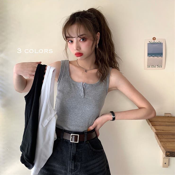 ヘンリーネックタンクトップ【韓国ファッション】[品番：ZJ000018424