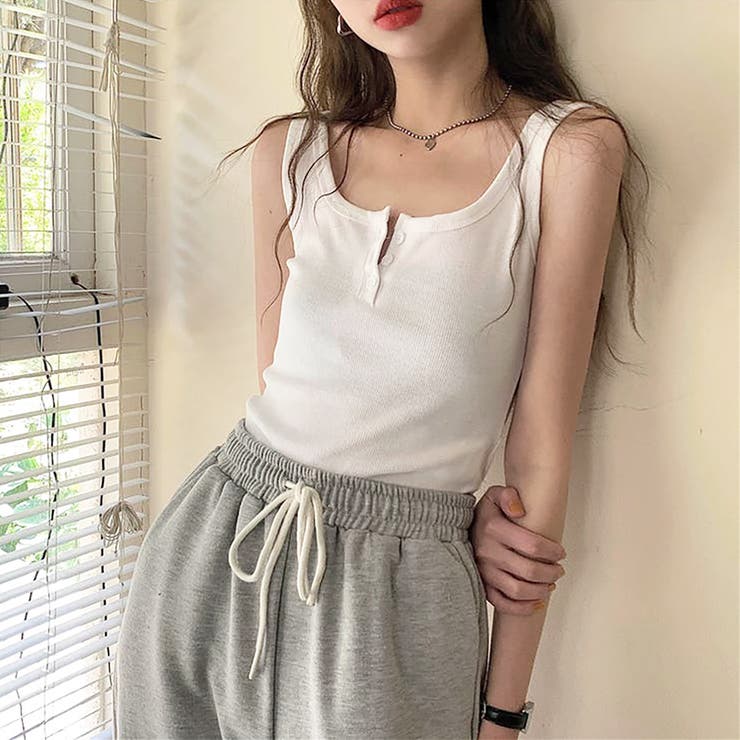 ヘンリーネックタンクトップ【韓国ファッション】[品番：ZJ000018424