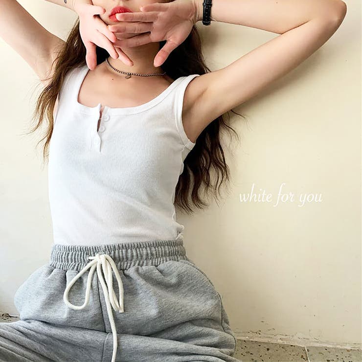 ヘンリーネックタンクトップ【韓国ファッション】[品番：ZJ000018424