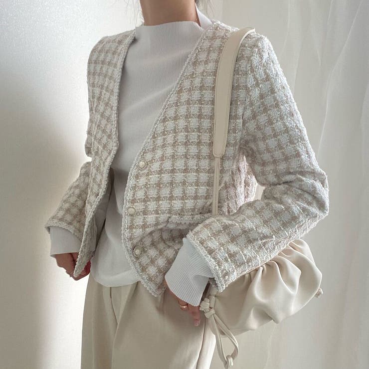 ノーカラージャケット　韓国ファッション　綺麗めガーリー　ツイード list19420.jpg