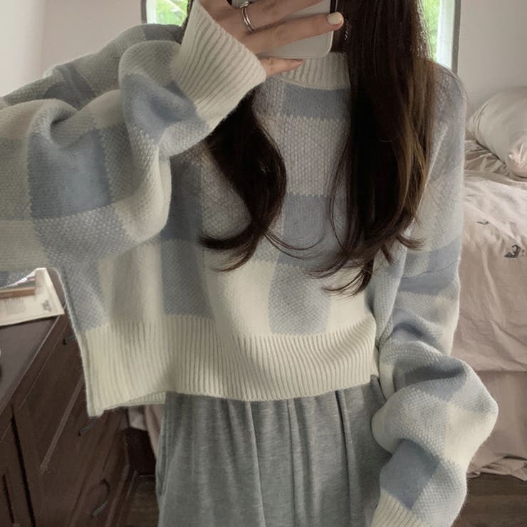 ブルー | ギンガムチェックニットトップス【韓国ファッション】 | Girly Doll