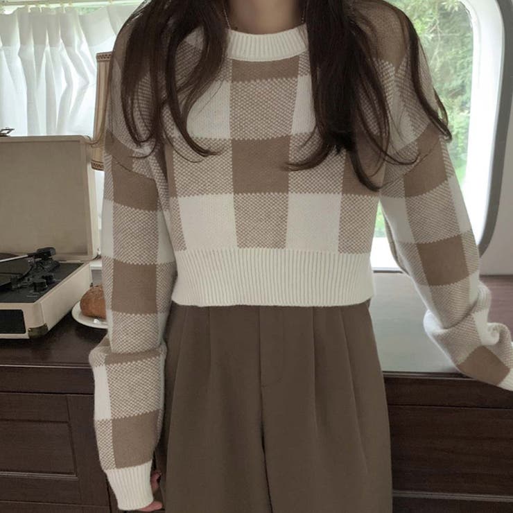 新品タグ付き♡ミストレアス♡ギンガムチェックニットドレス&カーディガン♡ベージュ Gingham Check Knit Dress & Cardigan - MISTREASS