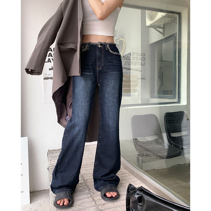 ダメージステッチフレアデニムパンツ【韓国ファッション】【春夏新商品 