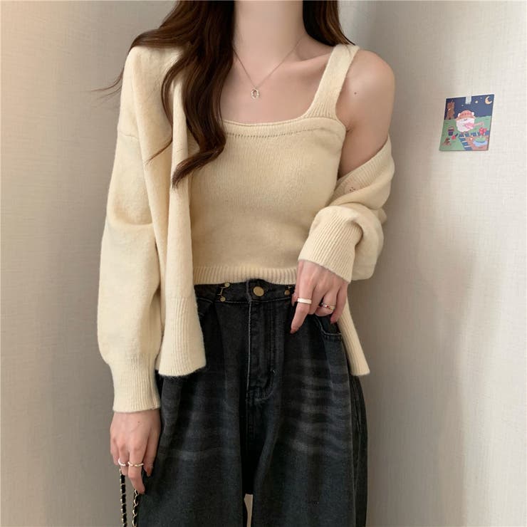 韓国 ニット セットアップ アウター タンクトップ パンツ 3pcs ニットセットアップ レディース 40代 ゆったり ニットトップス