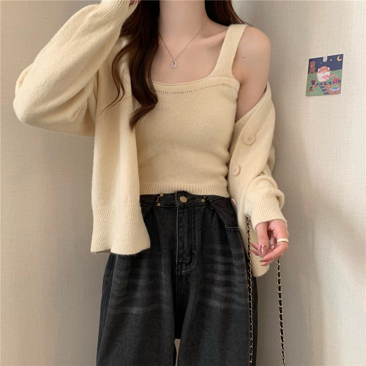 タン TAN TN24SS004 MATT RIBED 2PIECE CARDIGAN タンクトップ スリーブ カーディガン ブラウン系 F【極上美品】【中古】 セット商品 ニットタンクトップ ニットカーディガン ショート丈