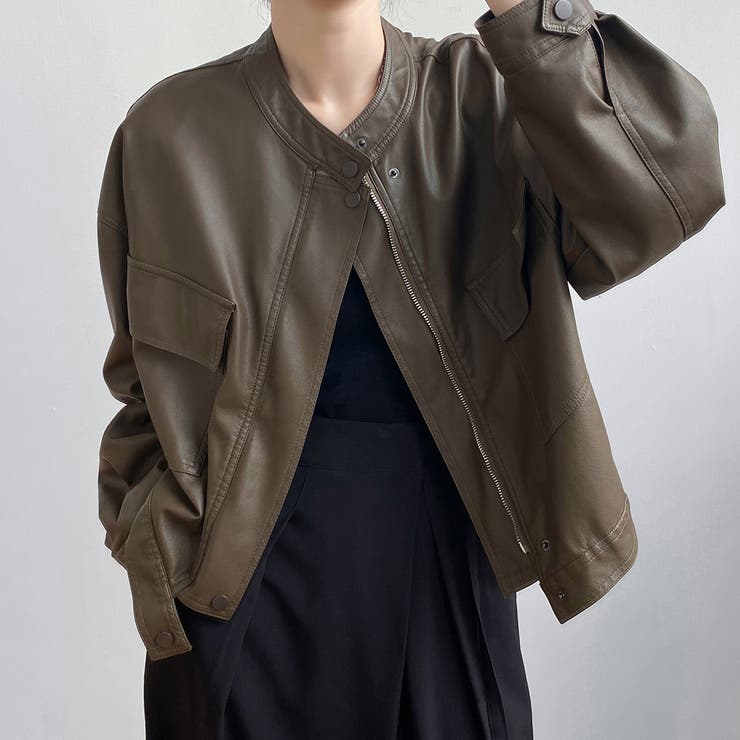 絶妙なサイズ感。PUエコレザーノーカラージャケット | Doula Doula | 詳細画像2 