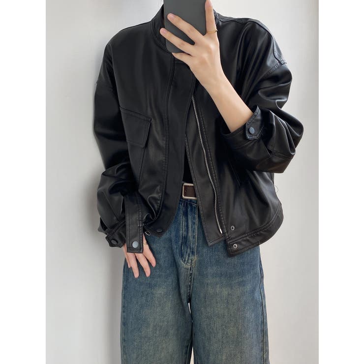 絶妙なサイズ感。PUエコレザーノーカラージャケット | Doula Doula | 詳細画像3 
