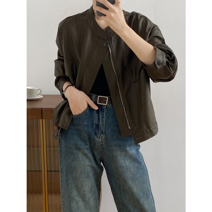 絶妙なサイズ感。PUエコレザーノーカラージャケット | Doula Doula | 詳細画像10 