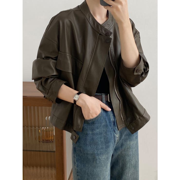 絶妙なサイズ感。PUエコレザーノーカラージャケット | Doula Doula | 詳細画像11 