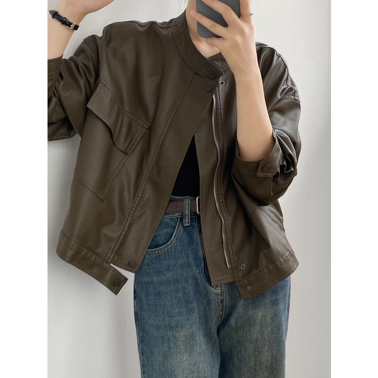 絶妙なサイズ感。PUエコレザーノーカラージャケット | Doula Doula | 詳細画像12 