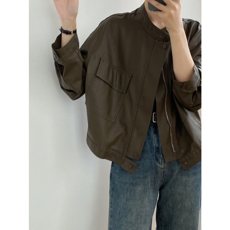 絶妙なサイズ感。PUエコレザーノーカラージャケット | Doula Doula | 詳細画像14 