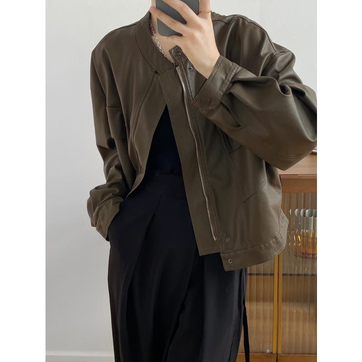 絶妙なサイズ感。PUエコレザーノーカラージャケット | Doula Doula | 詳細画像15 