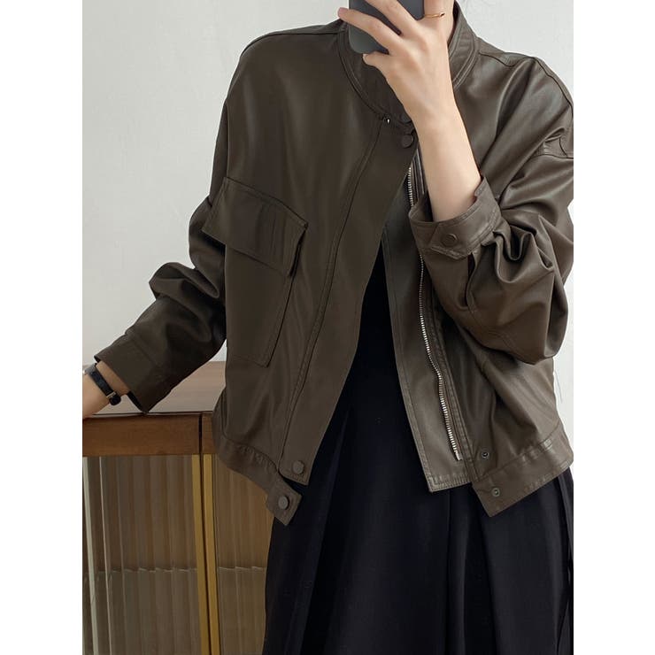 絶妙なサイズ感。PUエコレザーノーカラージャケット | Doula Doula | 詳細画像16 