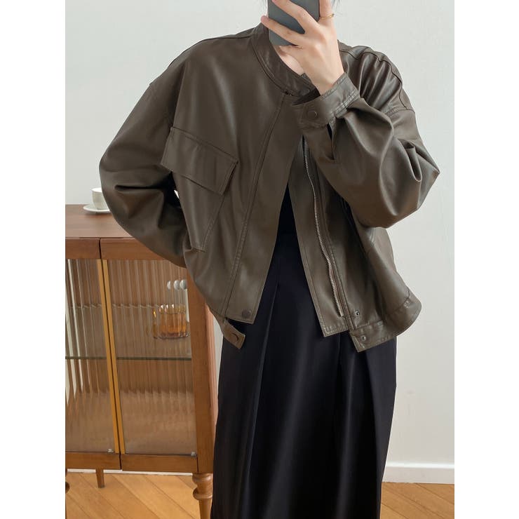 絶妙なサイズ感。PUエコレザーノーカラージャケット | Doula Doula | 詳細画像17 
