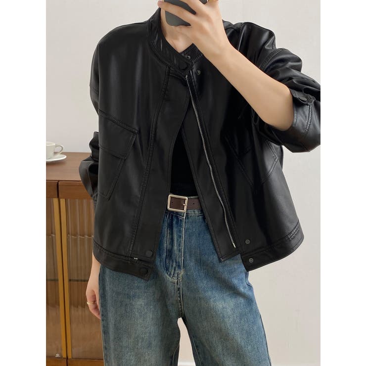 絶妙なサイズ感。PUエコレザーノーカラージャケット | Doula Doula | 詳細画像18 