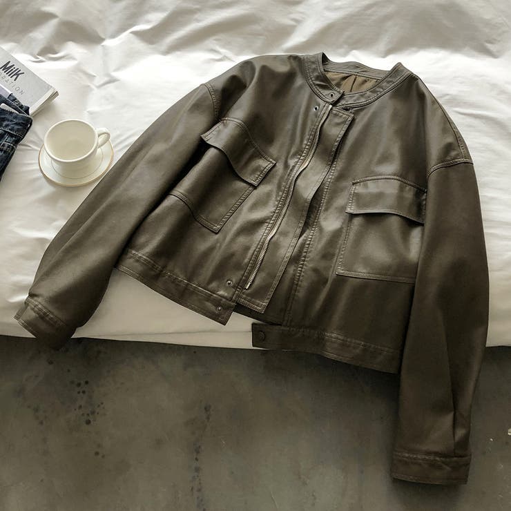 絶妙なサイズ感。PUエコレザーノーカラージャケット | Doula Doula | 詳細画像37 